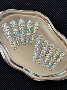 Y2K 奢华全水钻自制美甲压花高跟鞋（纯手工制作）、3D 超长奢华 AB 圆形和异形水晶水钻设计、重量轻、完美贴合指甲尖、时尚软凝胶假指甲、可重复使用的天然丙烯酸假指甲、粘性指甲、光滑假指甲、全覆盖丙烯酸假指甲、女士礼物、日常穿着、女士派对、舞会或节日、10 个指甲 - 彩色 - 查看 6