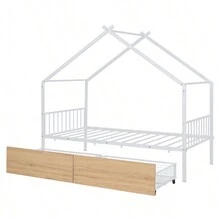 Twin Size Metal House Bed With Two Drawers, White - 白色+金屬+雙如圖 - 查看 3