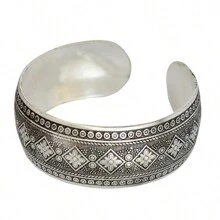 1pc Vintage Metal Embossed Auspicious Cloud, Elephant & Lotus Floral  Pattern  Textured Openwork Adjustable Bangle Bracelet, Fashion Accessory Gift For Women And Couples - Antique Silver - View 14