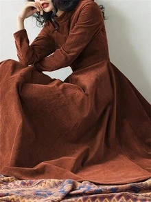 Women Plus Size Solid Color Round Neck Long Sleeve Waisted Simple Long Dress - Coffee Brown - View 3