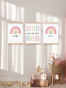 3 件个性化定制名字艺术印刷品制作最佳姐妹墙海报波西米亚风墙画制作最佳朋友印刷图片彩色帆布画彩虹墙艺术幼儿园墙壁海报女孩卧室装饰无框架/木框架 - 粉色 - 查看 10