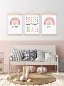 3 件个性化定制名字艺术印刷品制作最佳姐妹墙海报波西米亚风墙画制作最佳朋友印刷图片彩色帆布画彩虹墙艺术幼儿园墙壁海报女孩卧室装饰无框架/木框架 - 粉色 - 查看 9