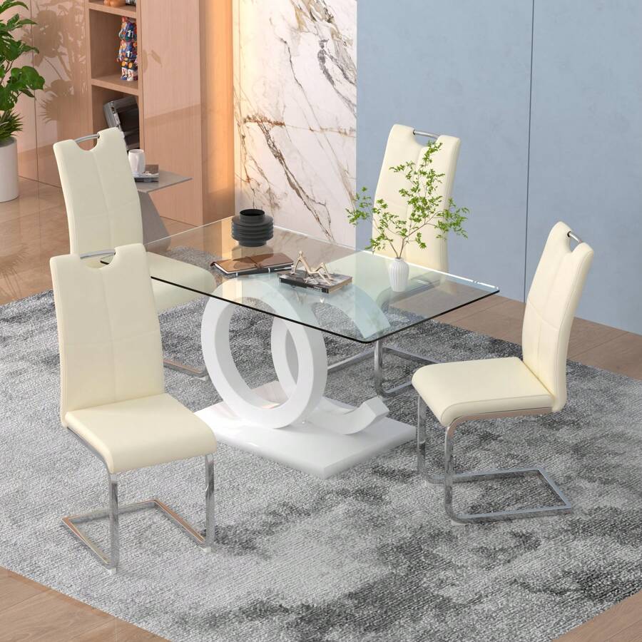 Sumdeal 63" Glass Dining Table With 4 Modern Chairs,Sumdeal 63" Glass Dining Table With 6 Modern Chairs, Golden/Silver - 白色桌子和4張奶油色椅子銀腿 - 查看 1