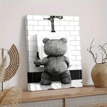 1pc Framed Canvas Wall Art Nordic Style Black And White Bear Bathroom Painting, Funny Animal Print Washroom/Toilet Decoration Wall Artwork, Suitable For Bedroom Living Room,Bathroom Home Office Wall Decor - Ready To Hang
