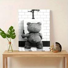 1pc Framed Canvas Wall Art Nordic Style Black And White Bear Bathroom Painting, Funny Animal Print Washroom/Toilet Decoration Wall Artwork, Suitable For Bedroom Living Room,Bathroom Home Office Wall Decor - Ready To Hang