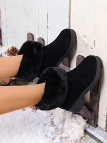 New Thick Sole Women Boots, Plush Lining Fuzzy Collar Fashion Short Boots, Slip-On Simple & Elegant Short Tube Warm All-Match Boots