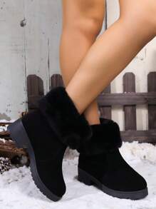 New Thick Sole Women Boots, Plush Lining Fuzzy Collar Fashion Short Boots, Slip-On Simple & Elegant Short Tube Warm All-Match Boots