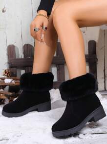 New Thick Sole Women Boots, Plush Lining Fuzzy Collar Fashion Short Boots, Slip-On Simple & Elegant Short Tube Warm All-Match Boots