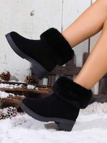New Thick Sole Women Boots, Plush Lining Fuzzy Collar Fashion Short Boots, Slip-On Simple & Elegant Short Tube Warm All-Match Boots