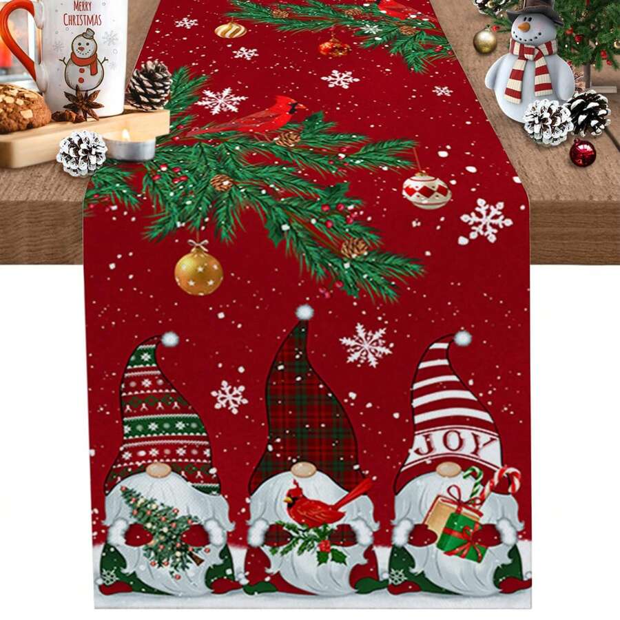 1PC Christmas Red Table Runner, Merry Christmas Pygmy Cardinals Linen Kitchen Table Decoration For Wedding/Party/Coffee/Indoor/Outdoor Use, Winter Snowflake - Red - View 1