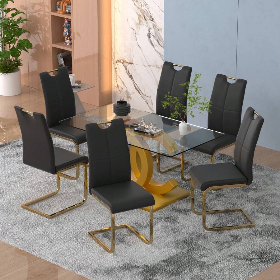 Sumdeal 63" Glass Dining Table With 4 Modern Chairs,Sumdeal 63" Glass Dining Table With 6 Modern Chairs, Golden/Silver - 桌子和6張黑色椅子金腿 - 查看 1