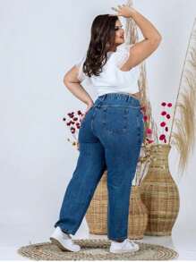 Plus Size Mom Jeans, Plain Dark, Striped, High Waist - 藍色 - 查看 2