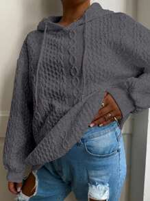 Sweat-shirt à capuche à manches longues ample et décontracté en tricot jacquard de couleur unie pour femmes grandes tailles