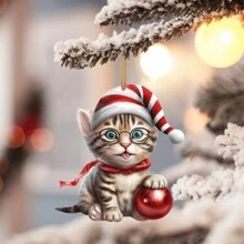 1 pièce Décoration de chat mignon plat 2D, décoration de Noël en acrylique à suspendre, décoration de fenêtre d'arbre de Noël, décoration de Noël suspendue