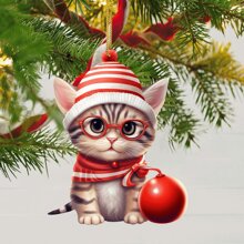 1 pièce Décoration de chat mignon plat 2D, décoration de Noël en acrylique à suspendre, décoration de fenêtre d'arbre de Noël, décoration de Noël suspendue