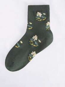 5/10 双女士复古风格妈妈袜春秋冬款花朵图案宽口中筒中老年袜子 - 彩色 - 查看 7