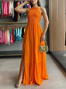 Elastek Elegant Slit Halter Neck Long Dress - Burnt Orange - View 1