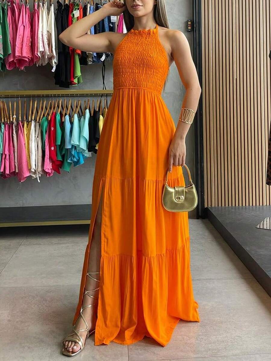 Elastek Elegant Slit Halter Neck Long Dress - Burnt Orange - View 1