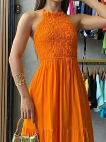 Elastek Elegant Slit Halter Neck Long Dress - Burnt Orange - View 2