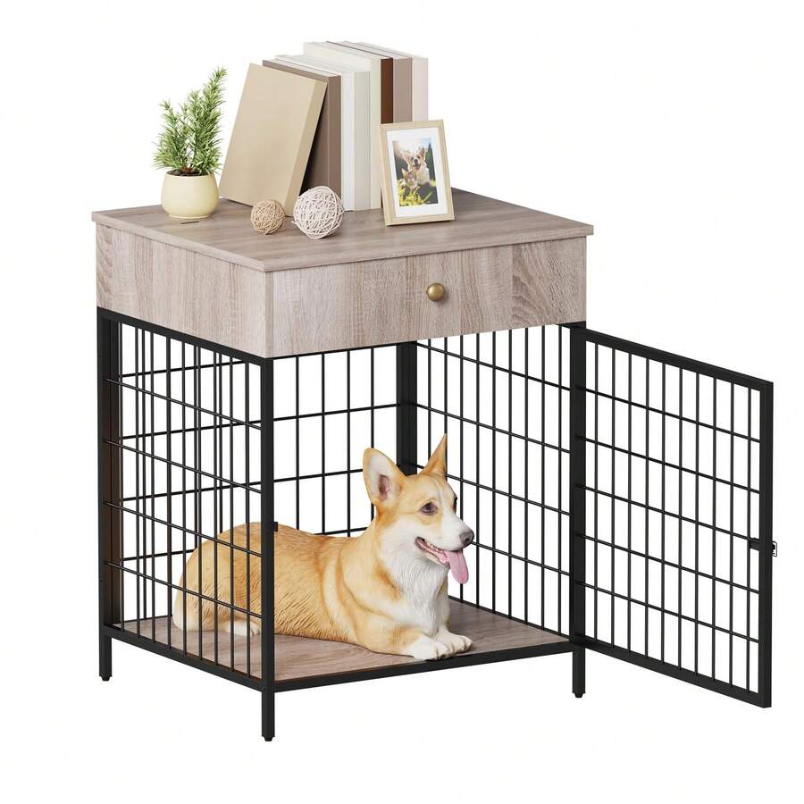 Dog Crate Furniture - Decorative Dog Crate Table With Drawer, Indoor Pet Crate End Table For Small Dogs, Steel-Tube Chew-Proof Dog Cage - 灰色 - 查看 1