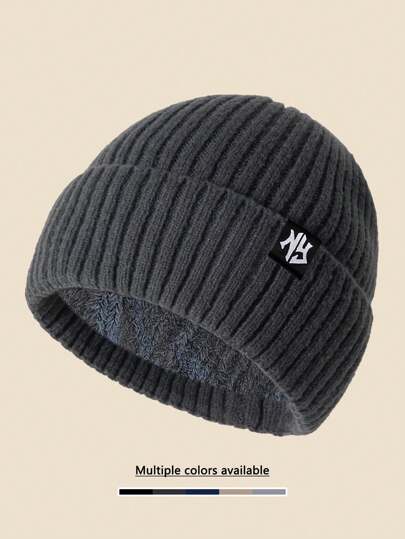 1 件男女通用纽约徽章纯色针织便帽，保暖内衬无檐便帽，男女皆宜，冬季万圣节秋季服装
