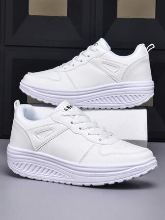 Women Platform Swing Leather Casual Sneakers, Lightweight Breathable Athletic Sport Shoes, Shock Absorbing Outdoor Casual Lace-Up Trainers