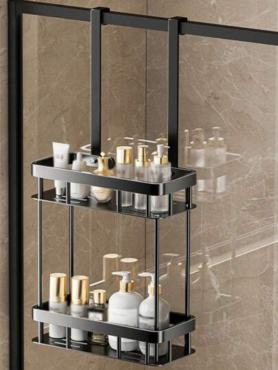 1 peça 2 Camadas Prateleira Organizadora Pendurada para Banho à Prova de Ferrugem, Suporte para Xampu, Cesta de Banho para Banheiro de Dormitório, Vaso Sanitário, Banho, Preto Fosco