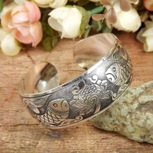 1pc Vintage Metal Embossed Auspicious Cloud, Elephant & Lotus Floral  Pattern  Textured Openwork Adjustable Bangle Bracelet, Fashion Accessory Gift For Women And Couples - Antique Silver - View 17
