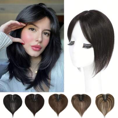 Hair Toppers For Women Real Human Hair, Black Hair Toppers For Women With Bangs Top Hair Extensions Hair Pieces For Thinning Hair Upgrade Lace Base Premium Remy Human Hair Toppers 10inch-Black