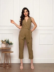 Linen Jumpsuit - Women's Fashion - Elegant And Sophisticated - Jumpsuit With Tie-Dye Side - Rỉ Nâu - Xem 2