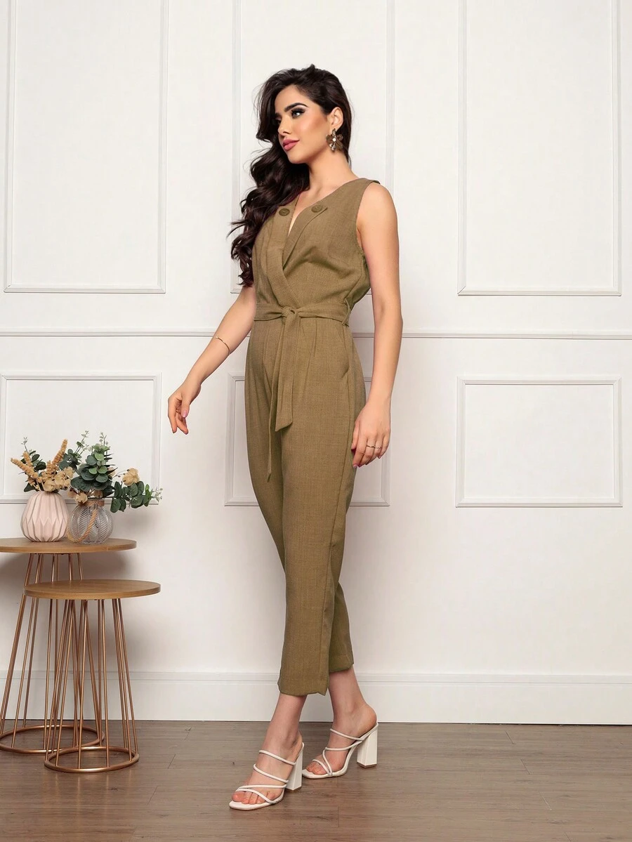 Linen Jumpsuit - Women's Fashion - Elegant And Sophisticated - Jumpsuit With Tie-Dye Side - Rỉ Nâu - Xem 1