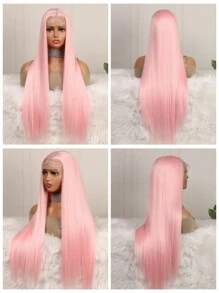 Soft 26inch 180%Density Black 13*4 Synthetic Hair Front Lace Wig Glueless Heat Resistant And Breathable Synthetic Fiber Hair Natural Hairline Free Parting For Party Daily Use - Baby Pink - View 5