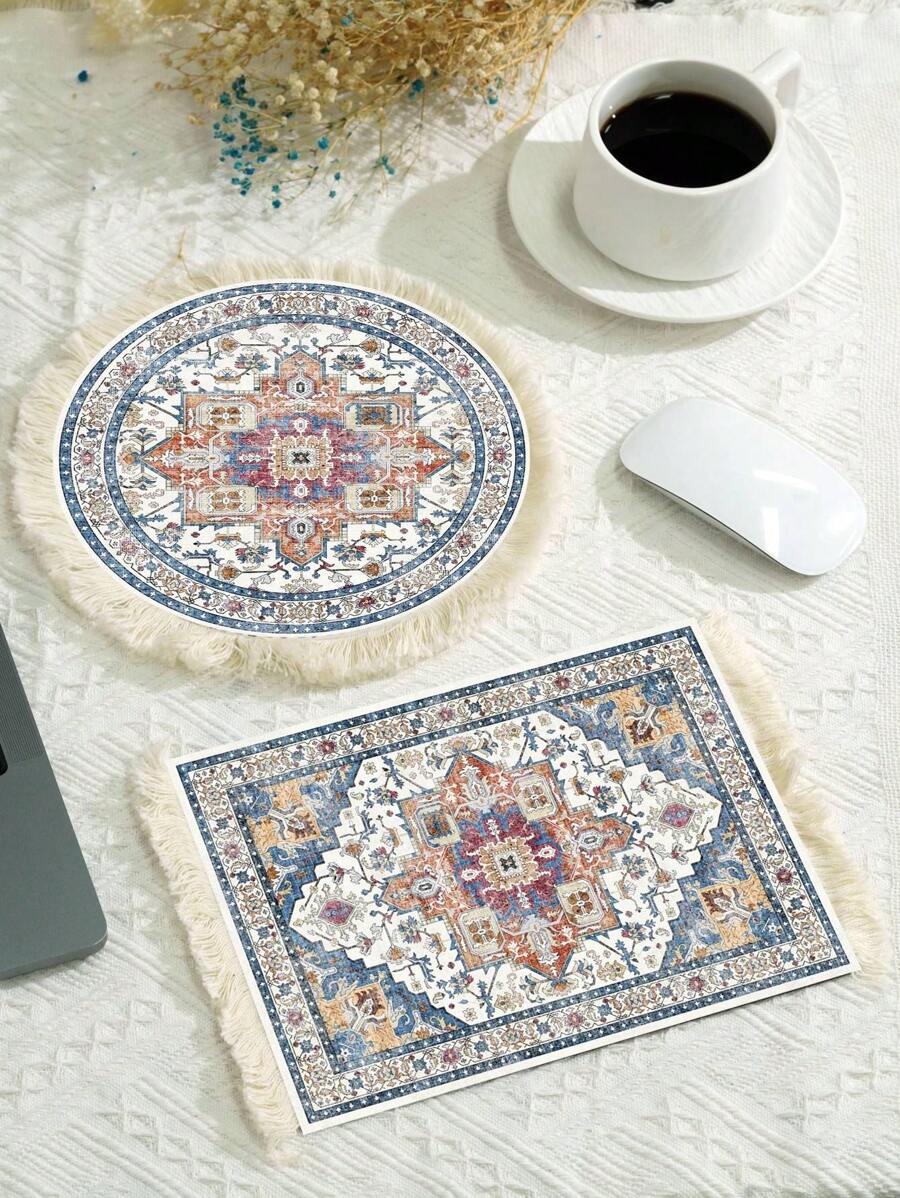 地毯图案流苏鼠标垫，办公腕托鼠标垫，可作杯垫使用，返校季游戏鼠标垫，办公桌配件，办公用品，办公桌配件，鼠标垫，办公桌专用鼠标垫 - 多色 - 查看 1