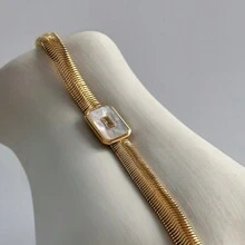 Set de 3 piezas Brazalete de acero de titanio con adorno de piedra natural y cristales, se puede comprar individualmente, de estilo famoso en de Europa y América, no se descolora, cadena de eslabones con baño de oro de 18k, diseño de superposición - Dorado - Ver 14