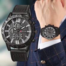 1pc Men's Fashion Personalized Stylish Digital Bar Mixed Scale Business Style Leather Strap Quartz Wrist Watch
