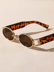 Vintage 1pc Classic Oval Shaped Gold Frame & Tea Legs Decor Fashion Eyeglasses Beach Accessories Glasses Shades - Grey - View 2