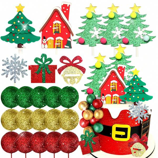 ROARING GOOD TIME RGT Christmas Tree Cake Topper Christmas House Cake Decoration Green Red Balls Snowflake Cake Decoration Gingerbread House Cake Decoration For Christmas Party Supplies, Halloween, Halloween Decoration