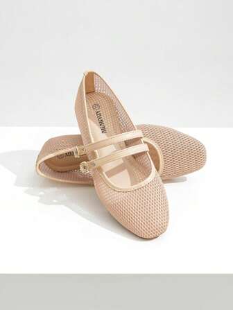 Nuevos zapatos de ballet planos de malla para mujer, en color negro y beige, con punta redonda, de unicolor, transpirables y cómodos para uso casual, de moda