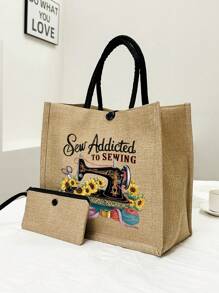 Máquina de coser portátil, Bolso de lona con estampado floral de niña, taza, girasol, hojas verdes, bolso de viaje minimalista, bolsa de cosméticos, bolsa de maquillaje de viaje de gran capacidad, bolso portátil multifuncional - Caqui - Ver 4