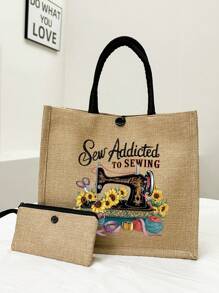 Máquina de coser portátil, Bolso de lona con estampado floral de niña, taza, girasol, hojas verdes, bolso de viaje minimalista, bolsa de cosméticos, bolsa de maquillaje de viaje de gran capacidad, bolso portátil multifuncional - Caqui - Ver 3