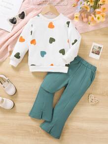 Young Girls Heart Graphic Print Sweatshirt & Solid Color Sweatpants Casual Set - Olive Green - View 1