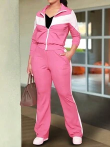 2pcs Women's Fashion Tracksuit Set, Colorblock Zipper Jacket And Casual Long Pants, Autumn & Spring Pink - Pink - View 2