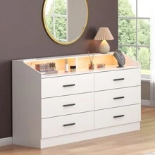 6 Drawers Dresser For Bedroom With  Power Outlet, Modern Chest Of Drawers With LED Light, Storage Dresser With Open Storage Cubby, Double Wide Dresser Organizer For Closet, Bedroom, Entryway, Hallway, Living Room (White/ Black /Brown/ Walnut) - 查看 2