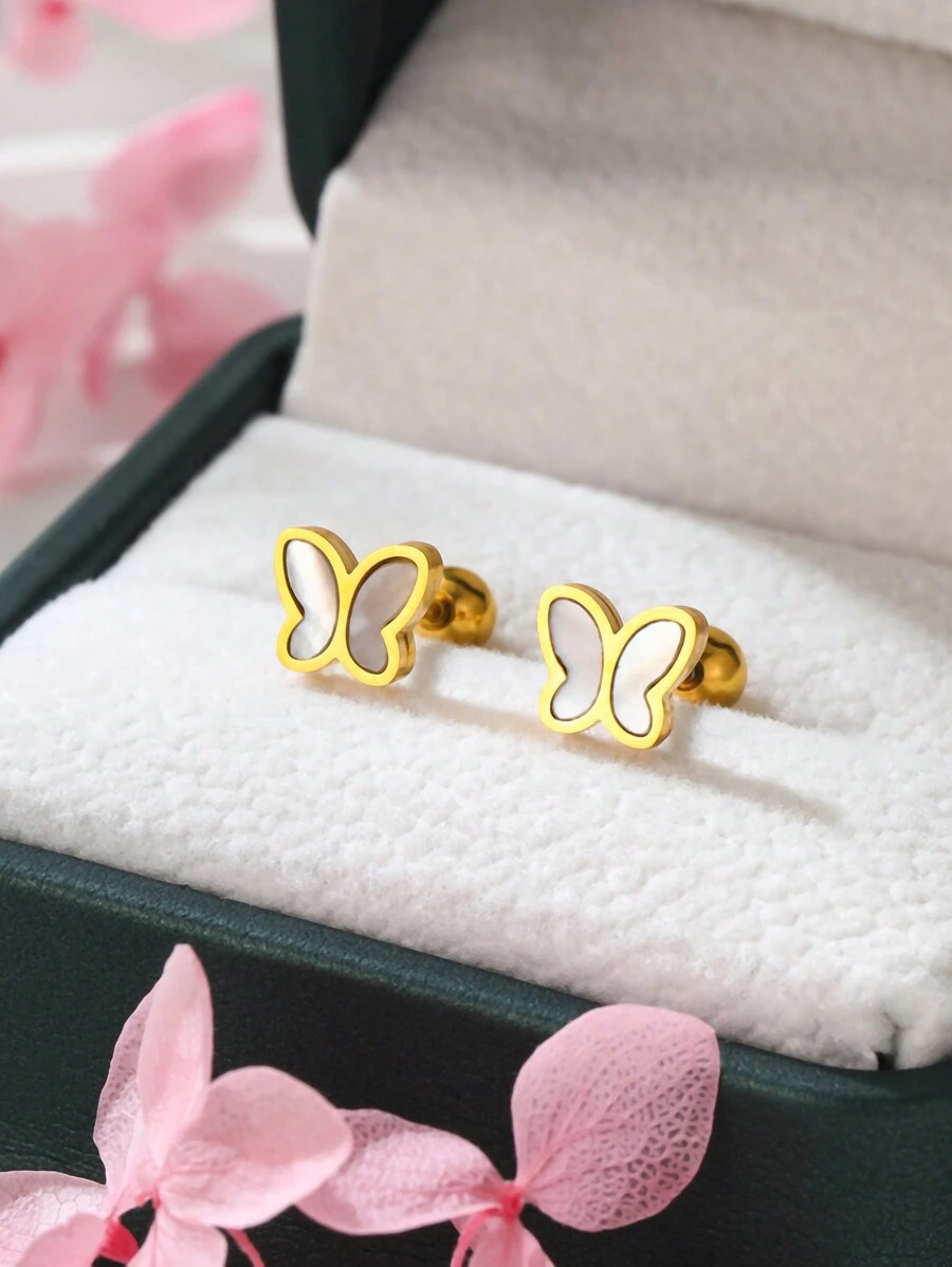 1对可爱时尚的蝴蝶贝壳耳钉，适合女孩在节日派对、度假以及日常佩戴/作为礼物。 - 金黃色 - 查看 1