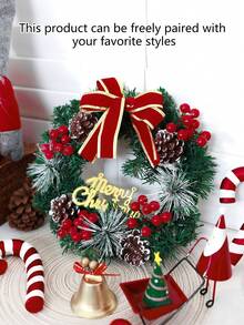 1pc Artificial Christmas Pine Cone, Red Berry & Bow Wreath Decor - Mini Hanging Ornament For Front Door, Fireplace, Dining Table, Home Decor