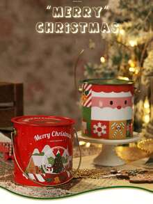 1pc 创意圣诞糖果盒圣诞图案收纳盒铁盒圣诞礼盒便携铁盒家用收纳装饰盒平安夜圣诞包装储物桶收纳盒 - 彩色 - 查看 7