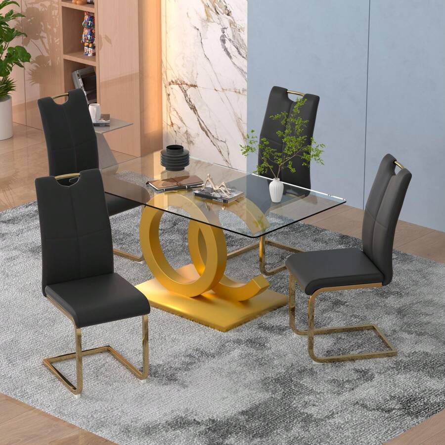 Sumdeal 63" Glass Dining Table With 4 Modern Chairs,Sumdeal 63" Glass Dining Table With 6 Modern Chairs, Golden/Silver - Bàn và 4 Ghế Chân Đen Vàng - Xem 1