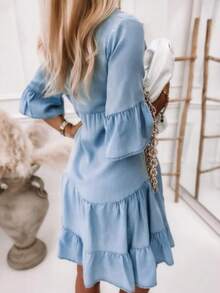 Women's Casual Loose Flounce Sleeve Tiered Hem Short Dress - Baby Blue - View 5
