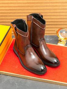 Western Style High-Top Cowboy Boots For Men With Side Zipper - Brown - View 3