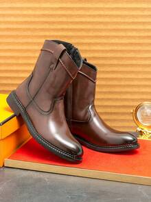 Western Style High-Top Cowboy Boots For Men With Side Zipper - Brown - View 5